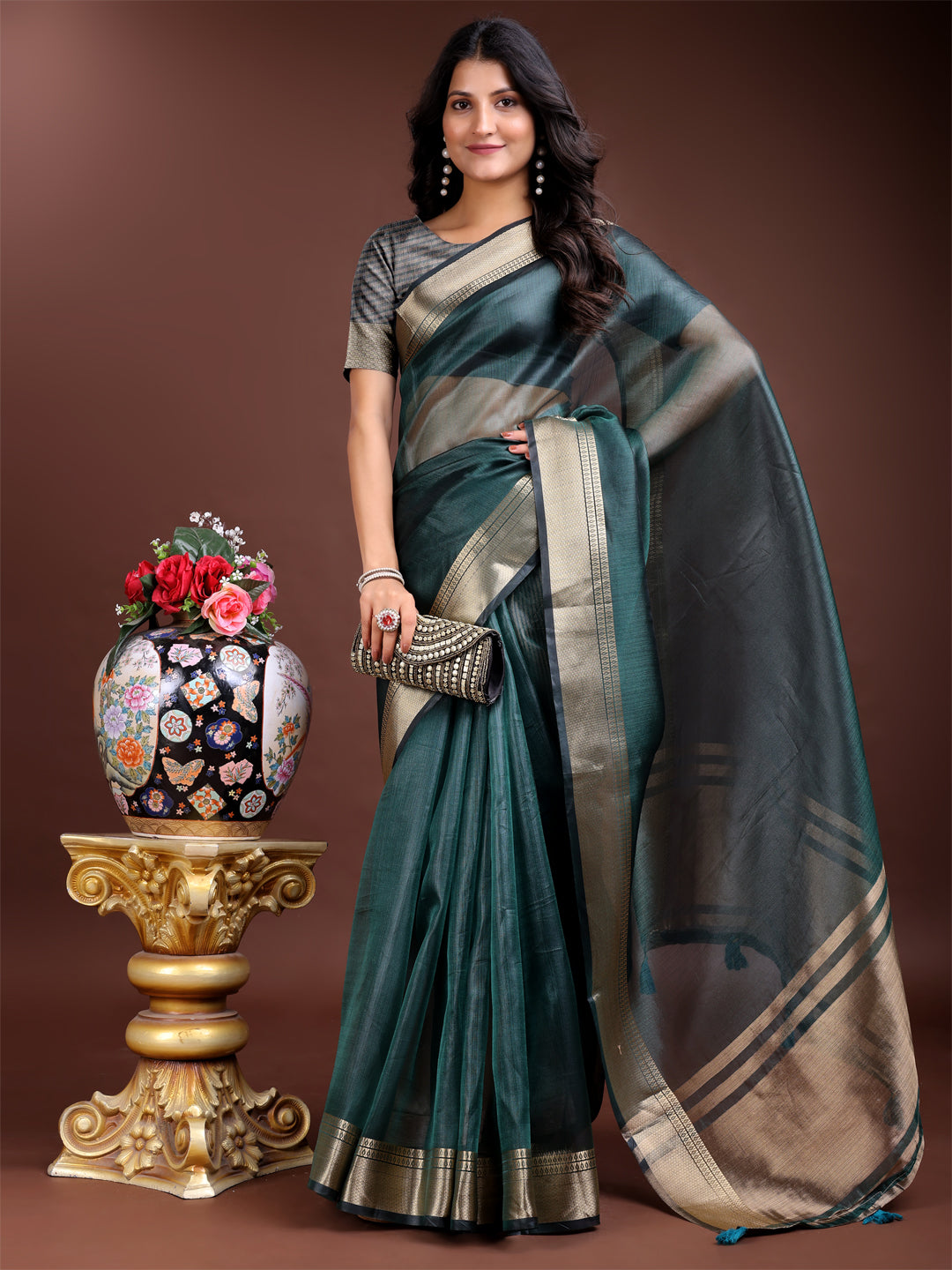 Sea Green Organza Saree with Golden Zari Border – Embrace Classic Grace