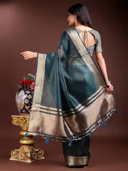 Sea Green Organza Saree with Golden Zari Border – Embrace Classic Grace