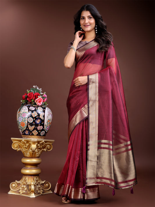 Magenta Organza Saree with Golden Zari Border – Embrace Classic Grace