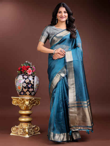 Sea Green  Organza Saree with Golden Zari Border – Embrace Classic Grace