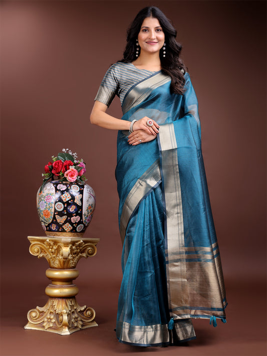 Sea Green  Organza Saree with Golden Zari Border – Embrace Classic Grace