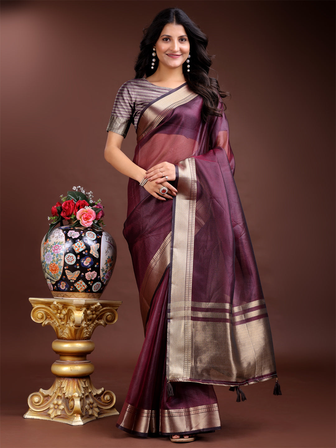 Purple Organza Saree with Golden Zari Border – Embrace Classic Grace