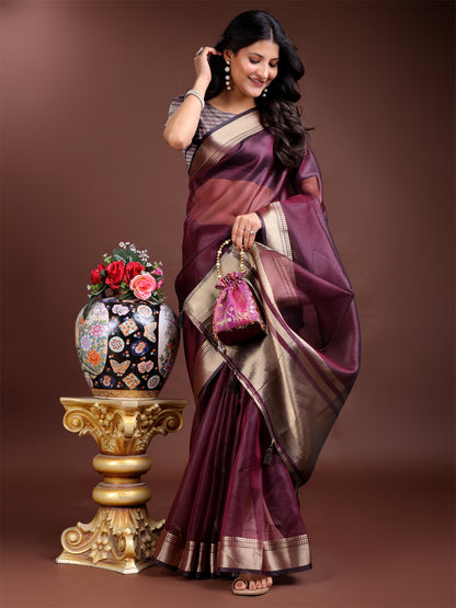 Purple Organza Saree with Golden Zari Border – Embrace Classic Grace