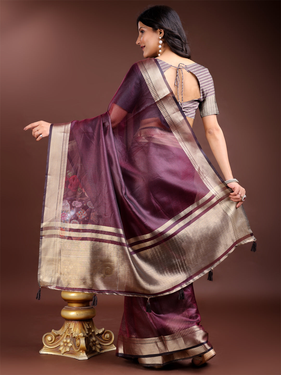Purple Organza Saree with Golden Zari Border – Embrace Classic Grace
