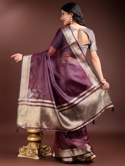 Purple Organza Saree with Golden Zari Border – Embrace Classic Grace