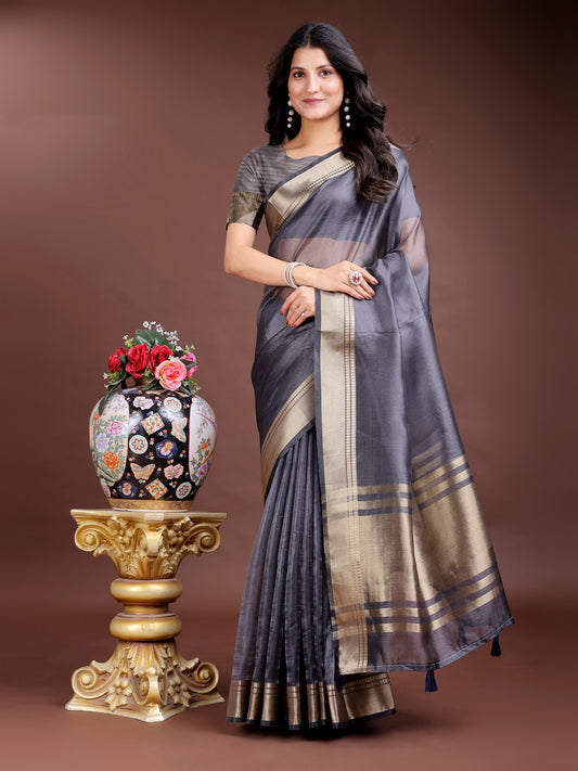 Grey Organza Saree with Golden Zari Border – Embrace Classic Grace