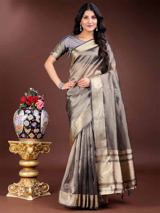 Charcoal Grey Organza Saree with Golden Zari Border – Mystique Meets Elegance