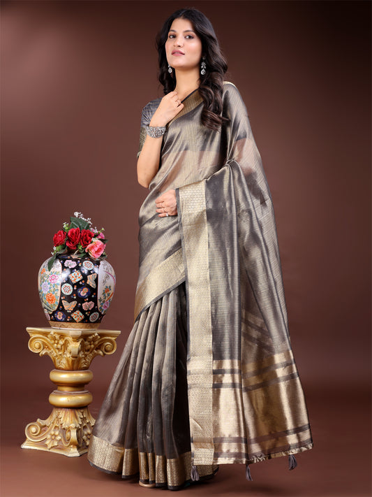 Charcoal Grey Organza Saree with Golden Zari Border – Mystique Meets Elegance