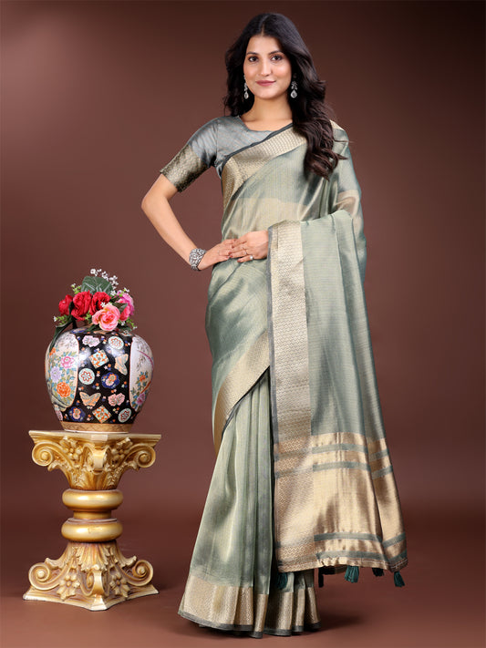 Sea Green Organza Saree with Golden Zari Border – Mystique Meets Elegance