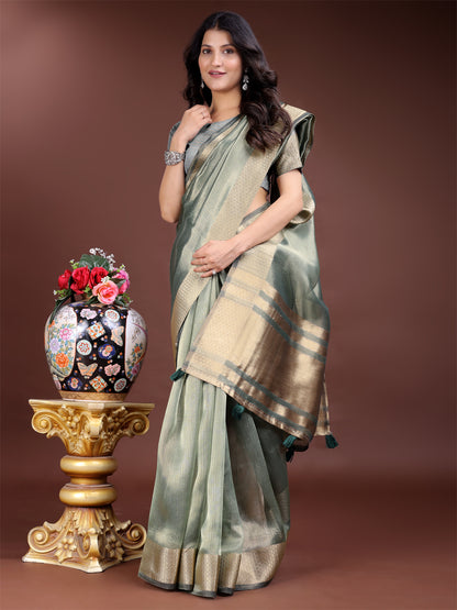 Sea Green Organza Saree with Golden Zari Border – Mystique Meets Elegance