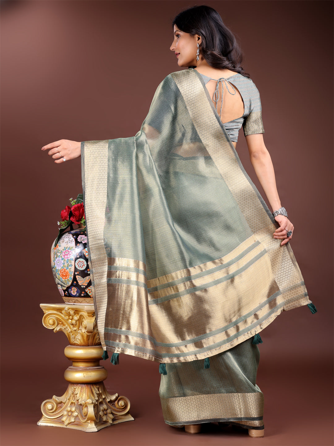 Sea Green Organza Saree with Golden Zari Border – Mystique Meets Elegance