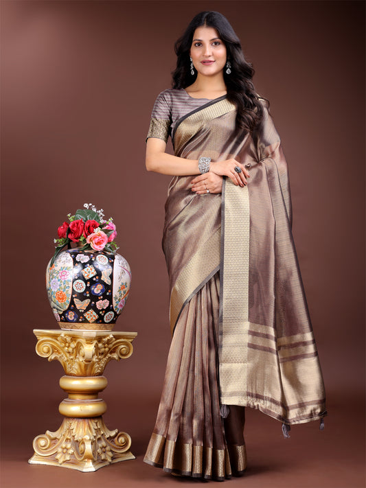 Brown Organza Saree with Golden Zari Border – Mystique Meets Elegance