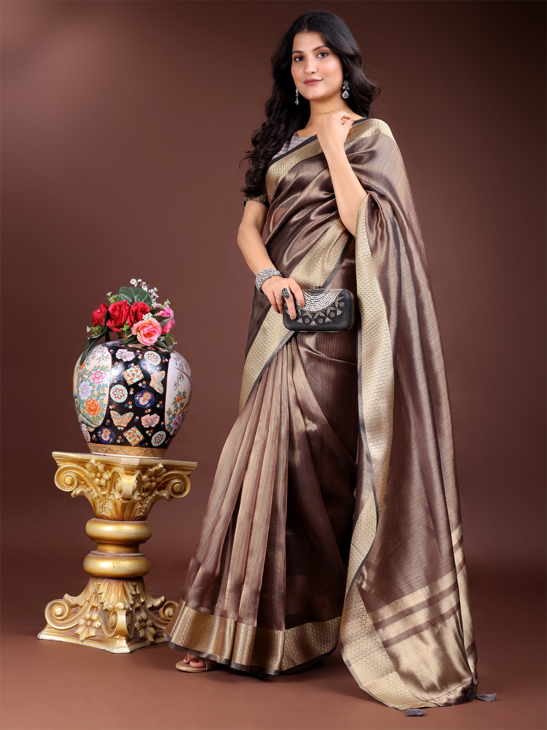 Brown Organza Saree with Golden Zari Border – Mystique Meets Elegance