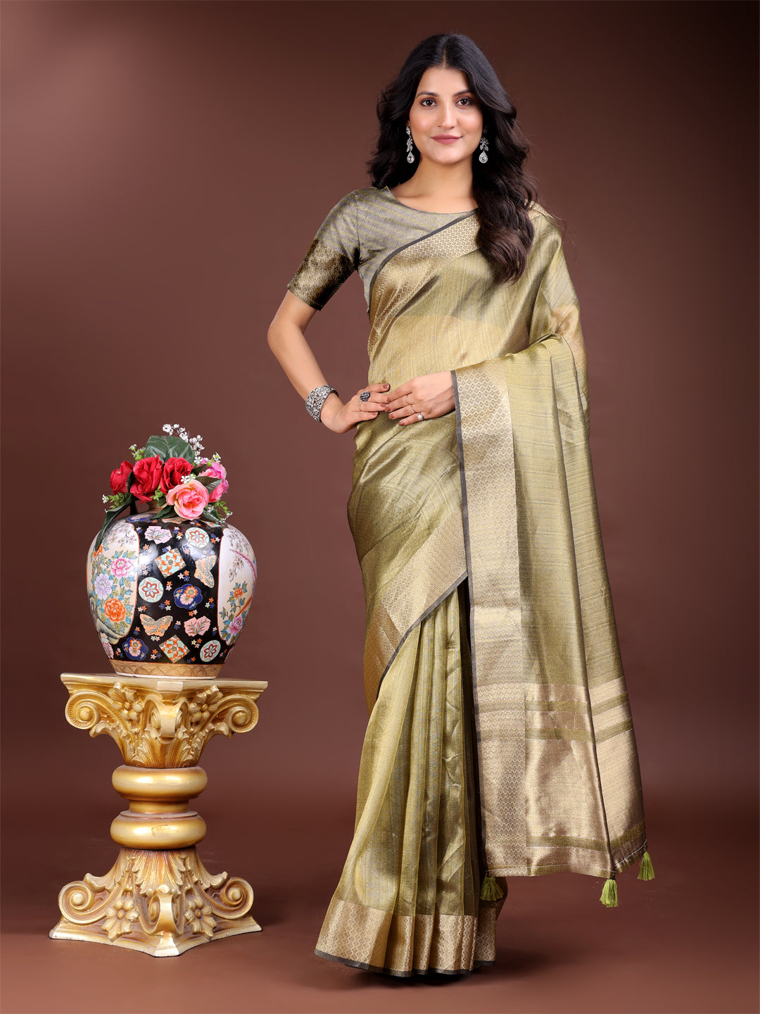 Mhendi Green Organza Saree with Golden Zari Border – Mystique Meets Elegance