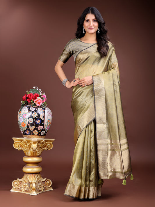 Mhendi Green Organza Saree with Golden Zari Border – Mystique Meets Elegance