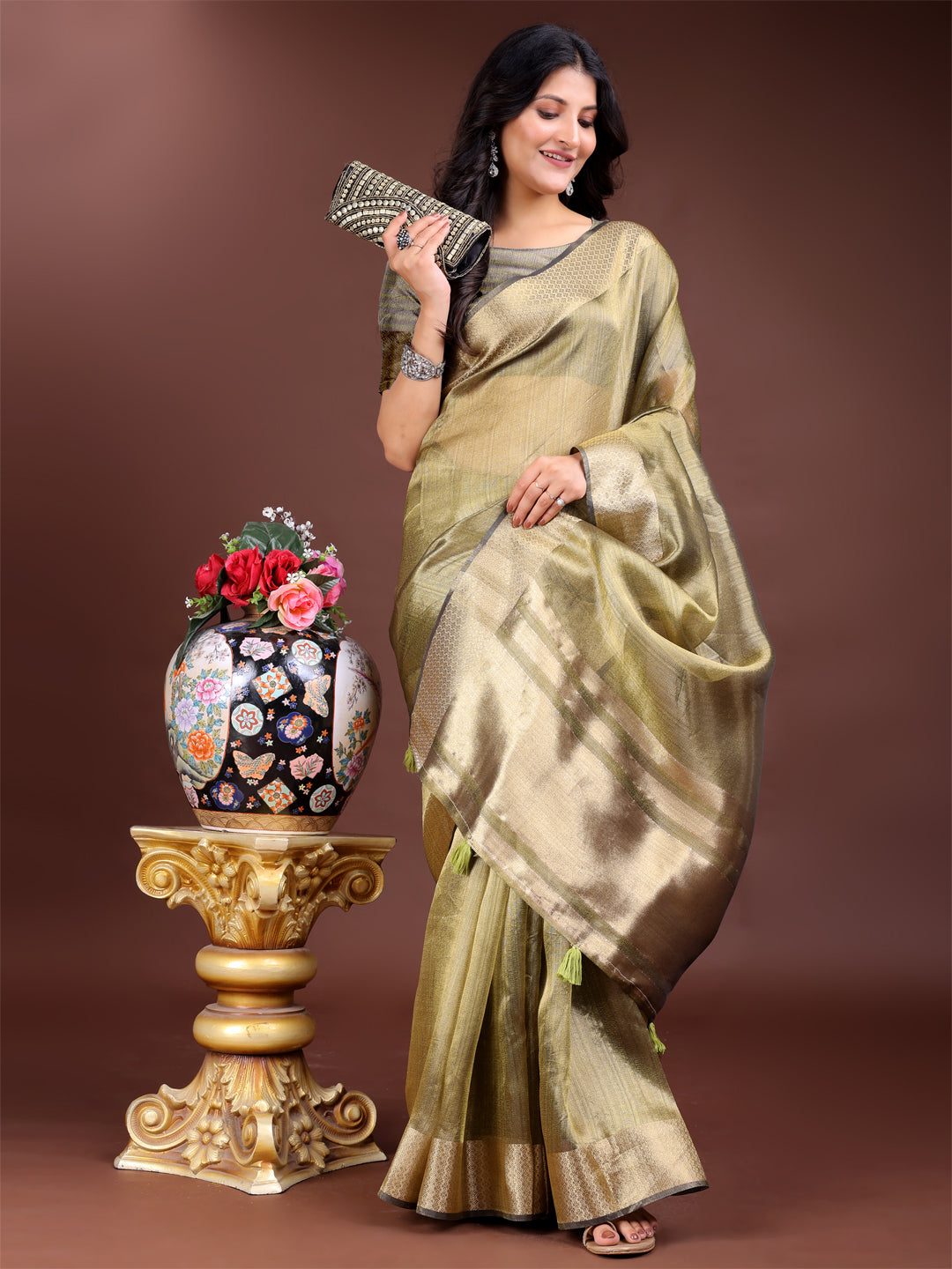Mhendi Green Organza Saree with Golden Zari Border – Mystique Meets Elegance