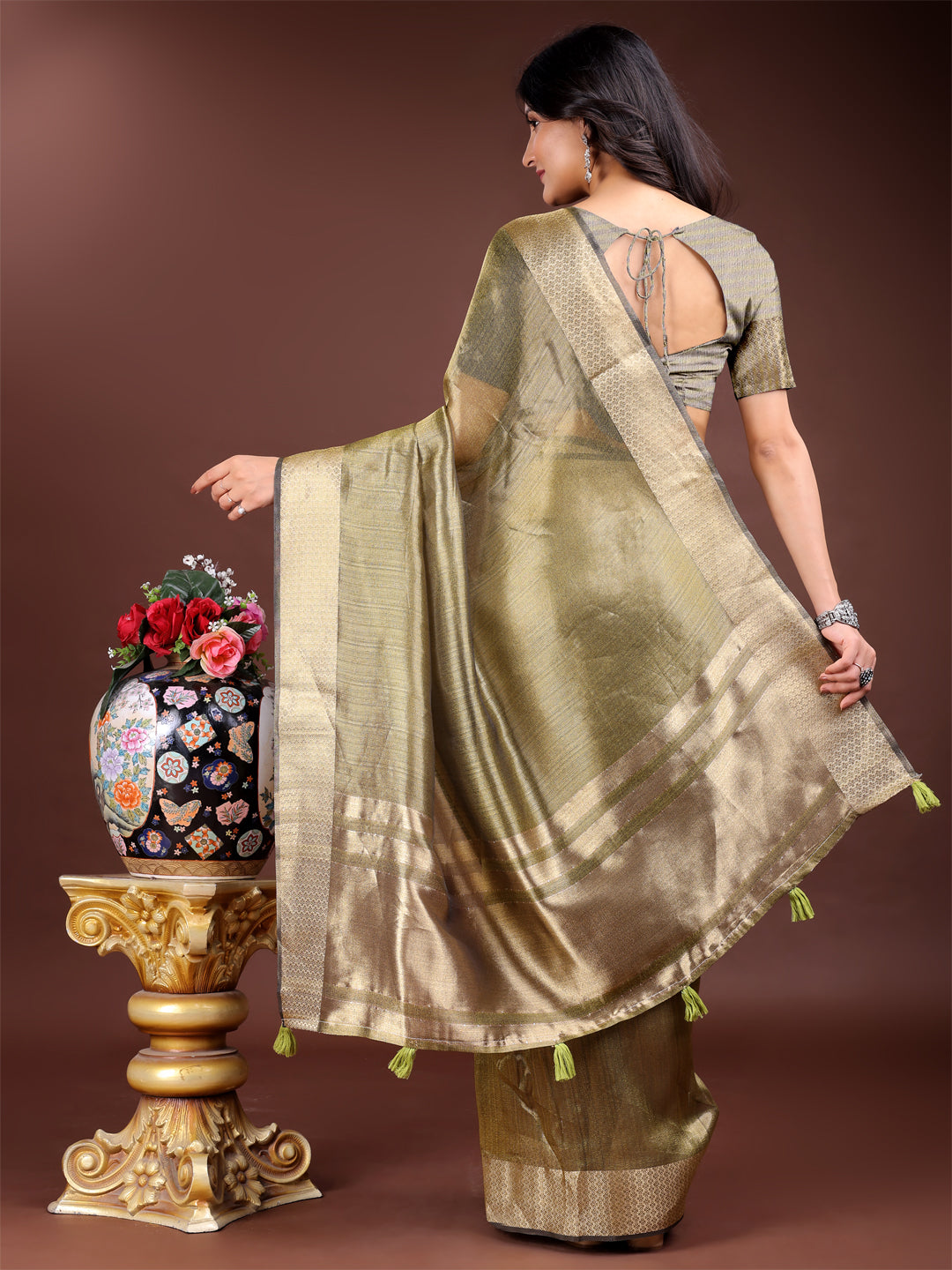 Mhendi Green Organza Saree with Golden Zari Border – Mystique Meets Elegance