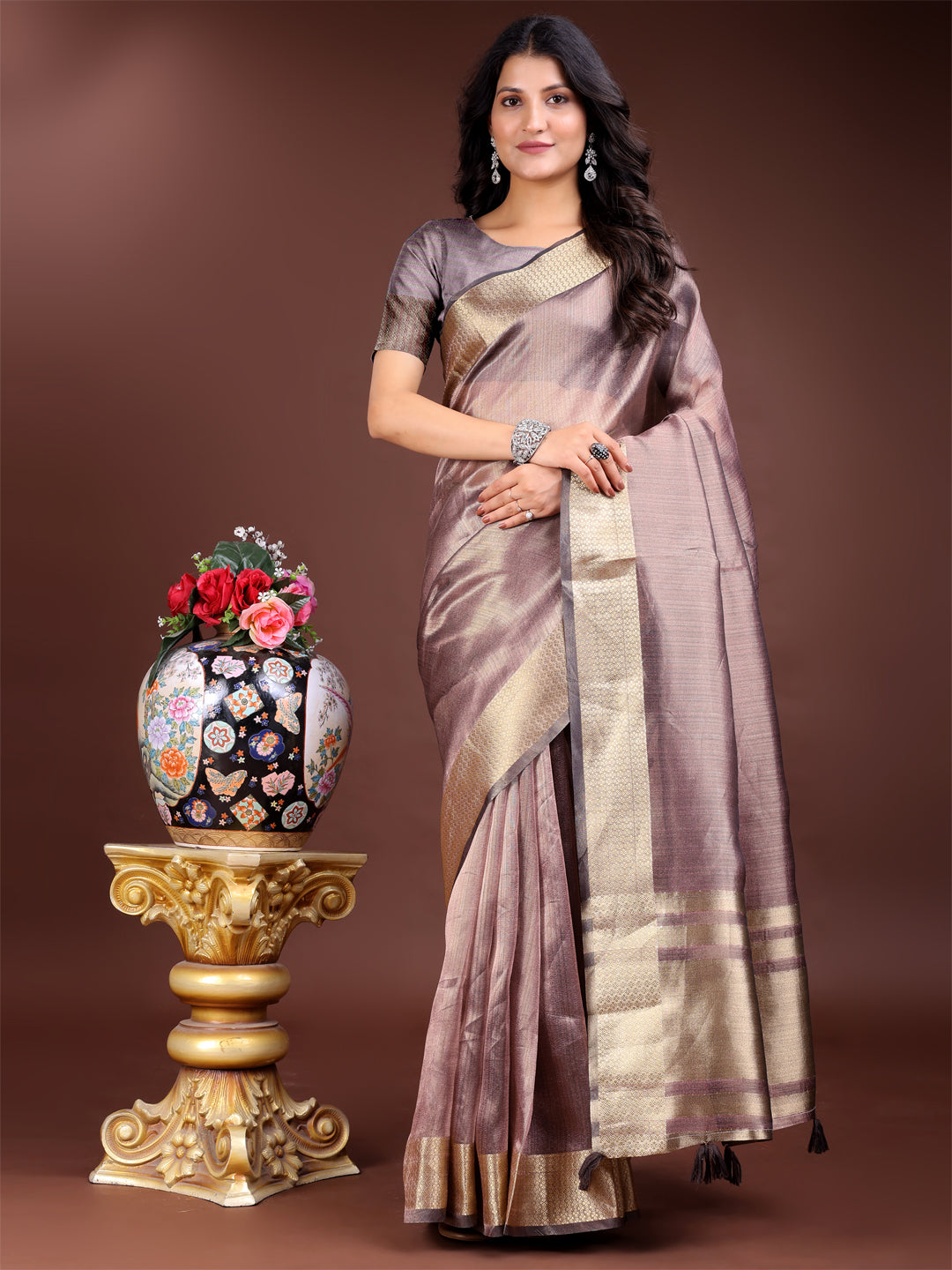 Purple Organza Saree with Golden Zari Border – Mystique Meets Elegance
