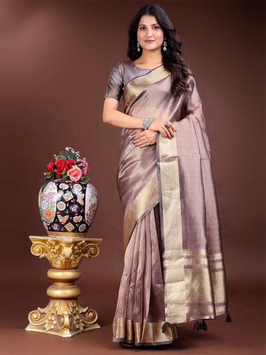 Purple Organza Saree with Golden Zari Border – Mystique Meets Elegance