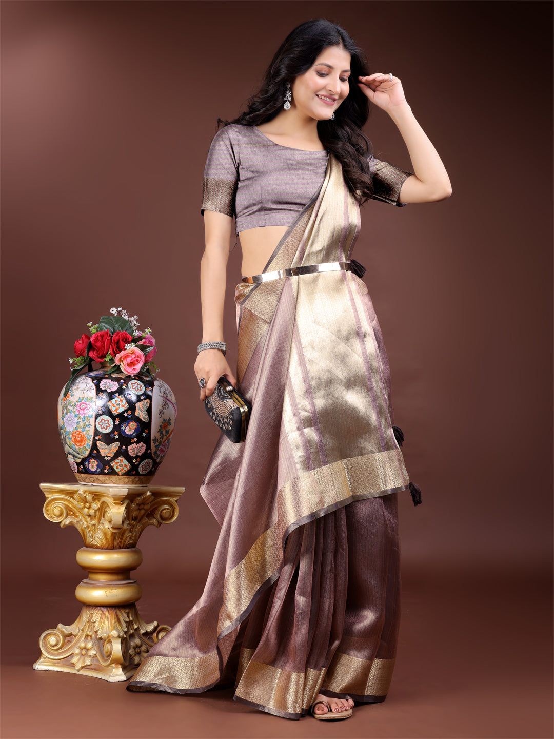 Purple Organza Saree with Golden Zari Border – Mystique Meets Elegance
