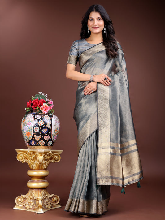 Silver Organza Saree with Golden Zari Border – Mystique Meets Elegance