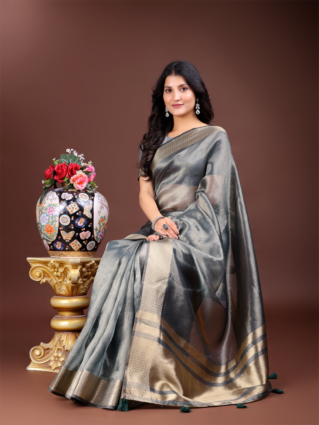Silver Organza Saree with Golden Zari Border – Mystique Meets Elegance