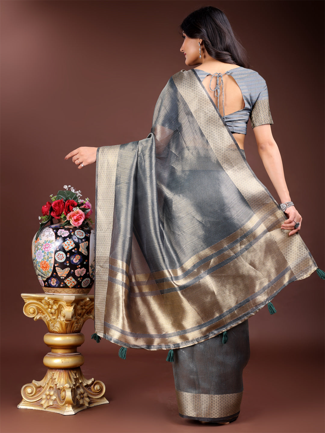 Silver Organza Saree with Golden Zari Border – Mystique Meets Elegance