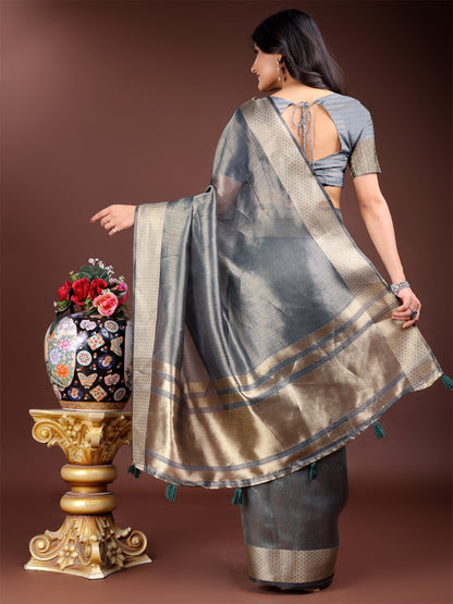 Silver Organza Saree with Golden Zari Border – Mystique Meets Elegance