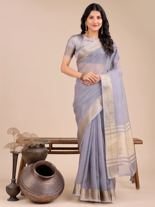 Astita Dusty Lavender Organza Saree with Golden Border – Ethereal Elegance for Every Occasion