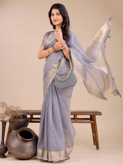 Astita Dusty Lavender Organza Saree with Golden Border – Ethereal Elegance for Every Occasion