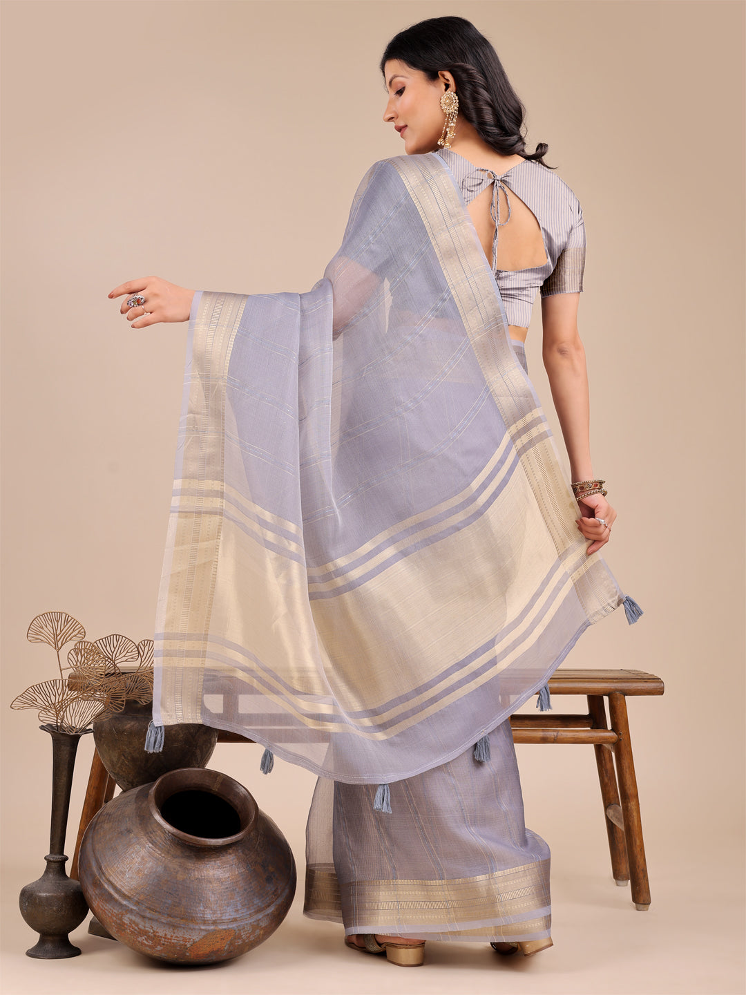 Astita Dusty Lavender Organza Saree with Golden Border – Ethereal Elegance for Every Occasion