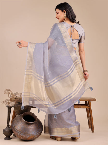 Astita Dusty Lavender Organza Saree with Golden Border – Ethereal Elegance for Every Occasion