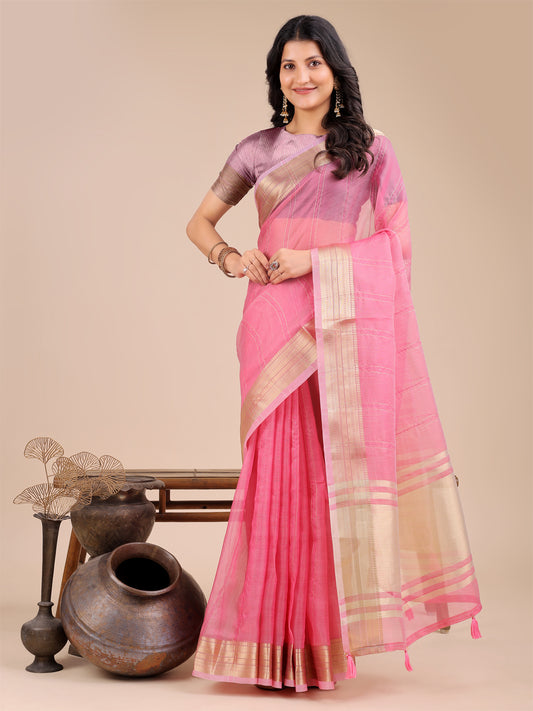 Astita Pink Organza Saree with Golden Border – Ethereal Elegance for Every Occasion