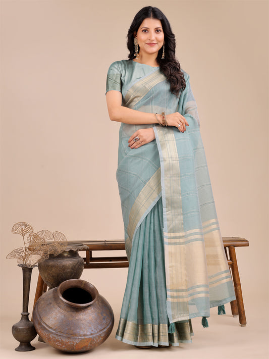 Astita Sea Green Organza Saree with Golden Border – Ethereal Elegance for Every Occasion