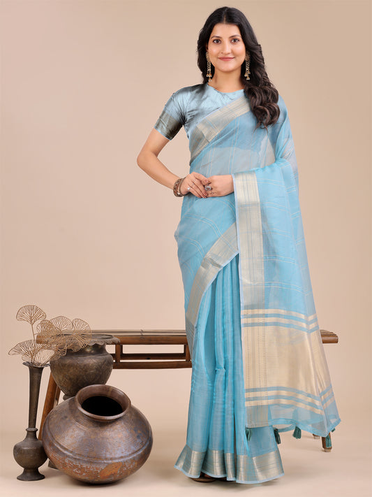 Astita Sky Blue Organza Saree with Golden Border – Ethereal Elegance for Every Occasion