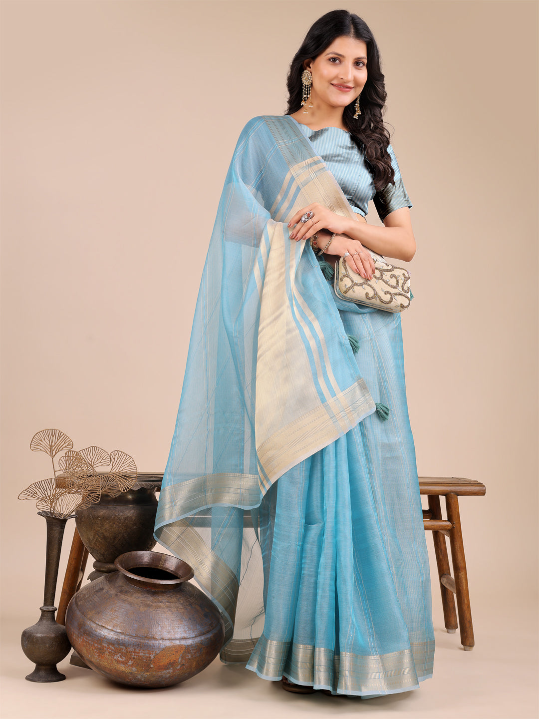 Astita Sky Blue Organza Saree with Golden Border – Ethereal Elegance for Every Occasion