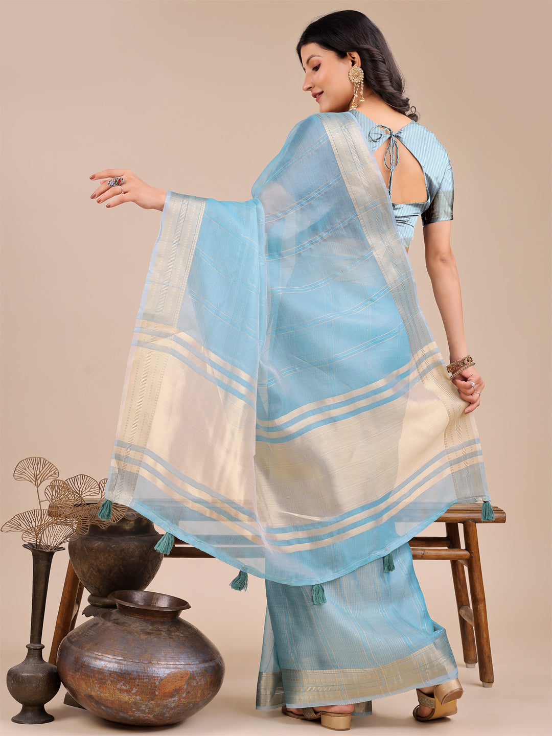 Astita Sky Blue Organza Saree with Golden Border – Ethereal Elegance for Every Occasion