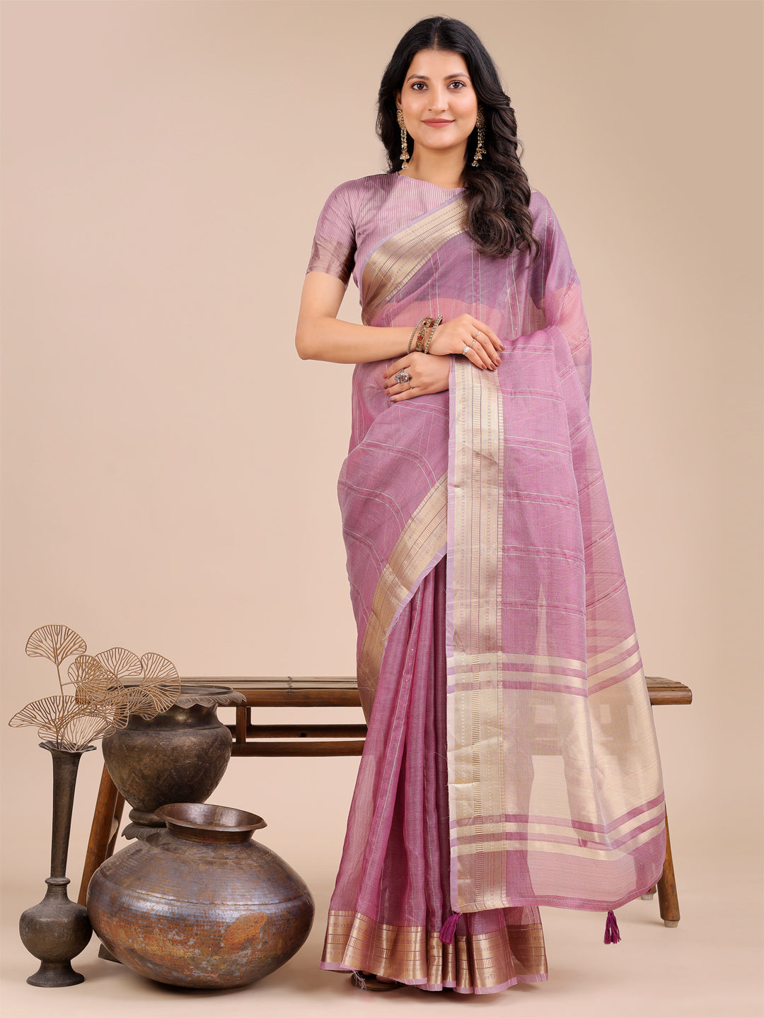 Astita Purple Organza Saree with Golden Border – Ethereal Elegance for Every Occasion