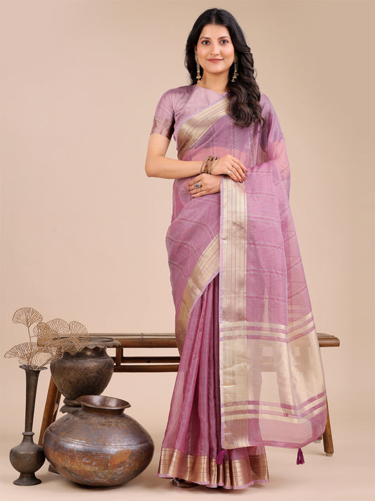 Astita Purple Organza Saree with Golden Border – Ethereal Elegance for Every Occasion