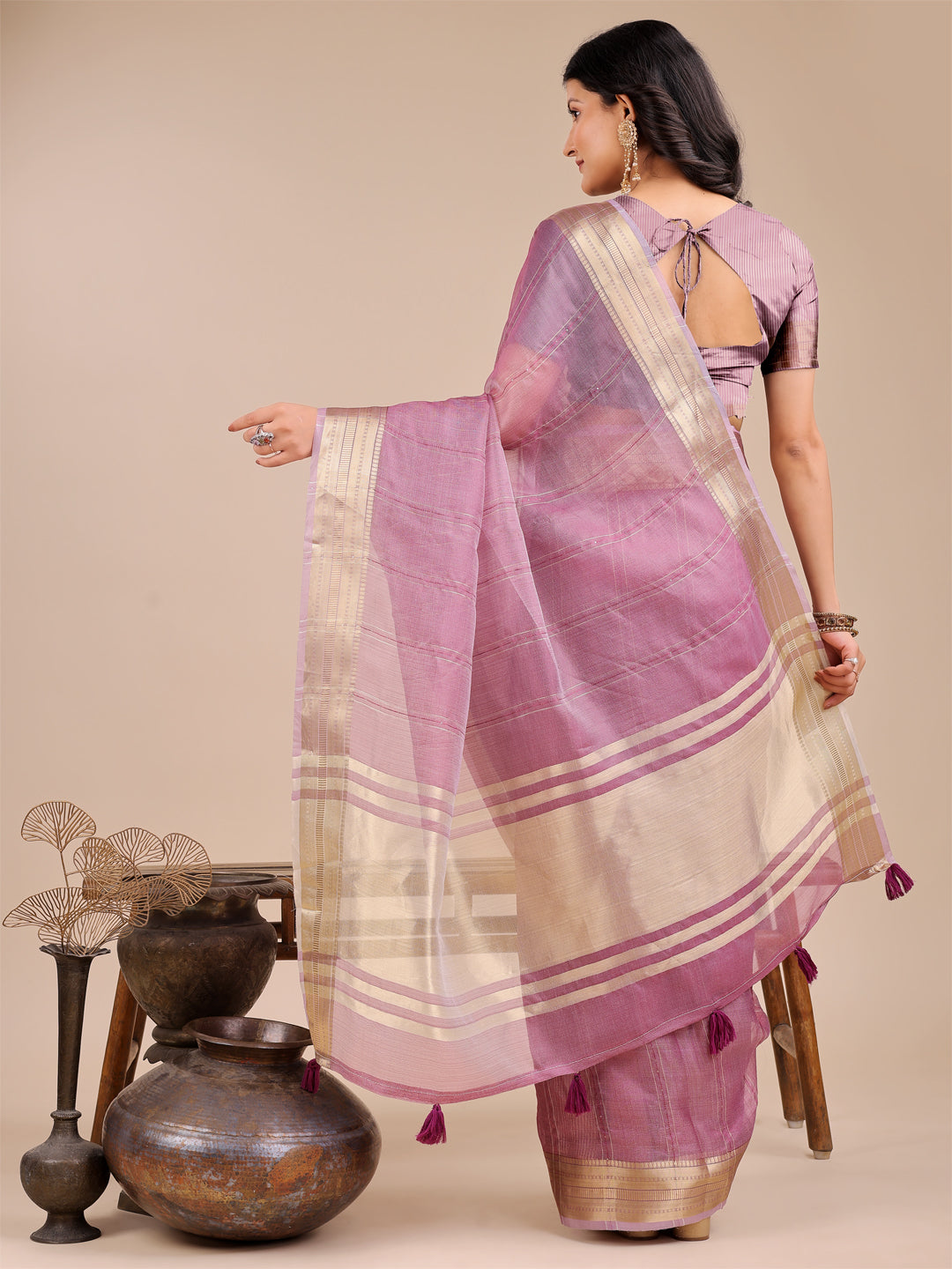 Astita Purple Organza Saree with Golden Border – Ethereal Elegance for Every Occasion