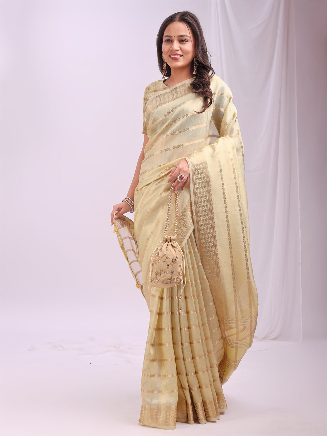 Astita  Cream Gold Organza Saree with Subtle Zari Weave | Lightweight Festive Saree for Women | Elegant Traditional Look | Golden Border & Pallu | Perfect for Weddings, Puja & Gifting