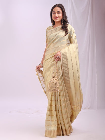 Astita  Cream Gold Organza Saree with Subtle Zari Weave | Lightweight Festive Saree for Women | Elegant Traditional Look | Golden Border & Pallu | Perfect for Weddings, Puja & Gifting