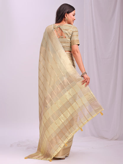 Astita  Cream Gold Organza Saree with Subtle Zari Weave | Lightweight Festive Saree for Women | Elegant Traditional Look | Golden Border & Pallu | Perfect for Weddings, Puja & Gifting