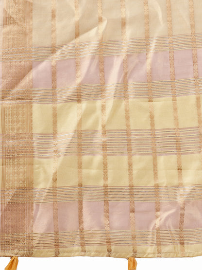 Astita  Cream Gold Organza Saree with Subtle Zari Weave | Lightweight Festive Saree for Women | Elegant Traditional Look | Golden Border & Pallu | Perfect for Weddings, Puja & Gifting