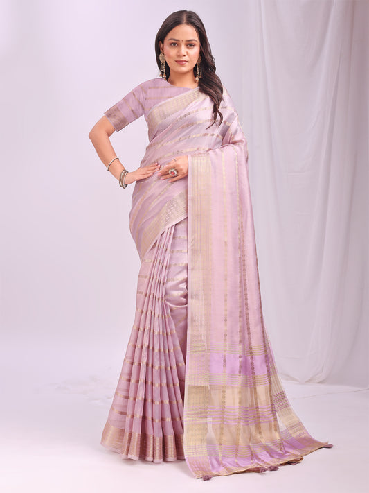 Astita  Light Pink Organza Saree with Subtle Zari Weave | Lightweight Festive Saree for Women | Elegant Traditional Look | Golden Border & Pallu | Perfect for Weddings, Puja & Gifting
