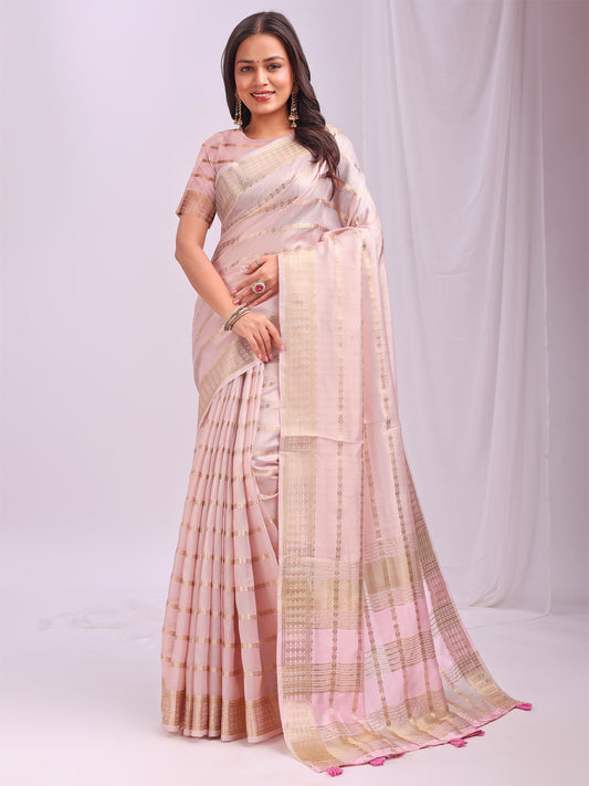 Astita  Peach Organza Saree with Subtle Zari Weave | Lightweight Festive Saree for Women | Elegant Traditional Look | Golden Border & Pallu | Perfect for Weddings, Puja & Gifting