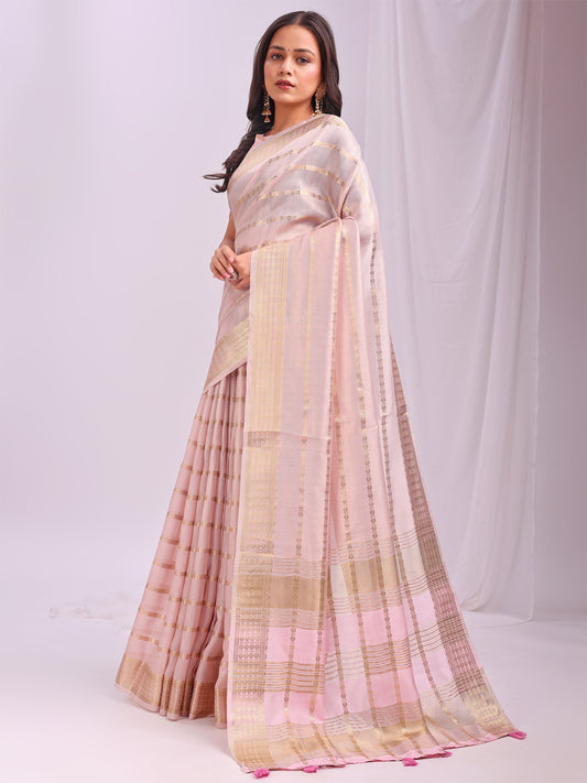Astita  Peach Organza Saree with Subtle Zari Weave | Lightweight Festive Saree for Women | Elegant Traditional Look | Golden Border & Pallu | Perfect for Weddings, Puja & Gifting
