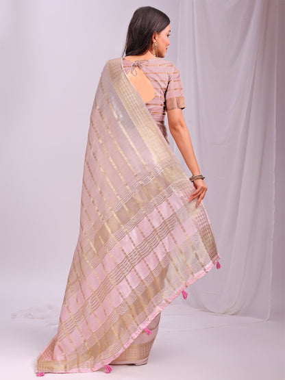 Astita  Peach Organza Saree with Subtle Zari Weave | Lightweight Festive Saree for Women | Elegant Traditional Look | Golden Border & Pallu | Perfect for Weddings, Puja & Gifting