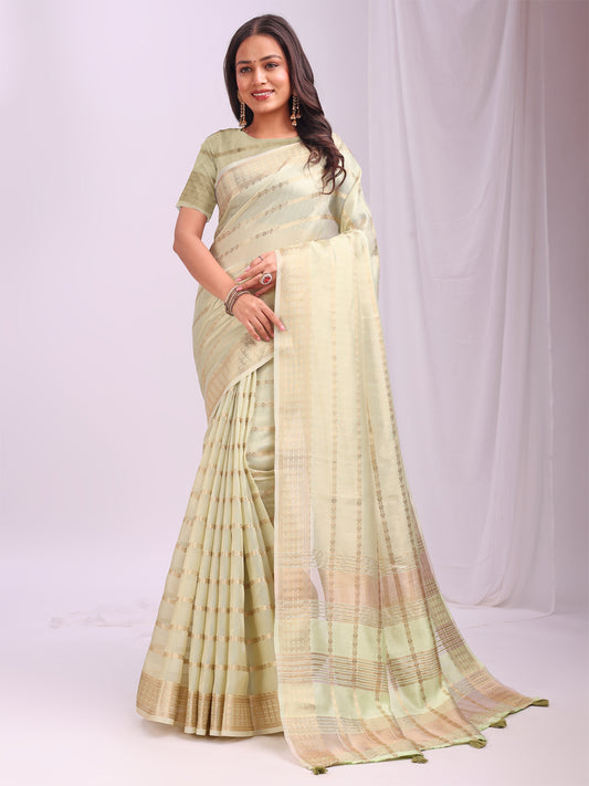 Astita  Light Green Organza Saree with Subtle Zari Weave | Lightweight Festive Saree for Women | Elegant Traditional Look | Golden Border & Pallu | Perfect for Weddings, Puja & Gifting