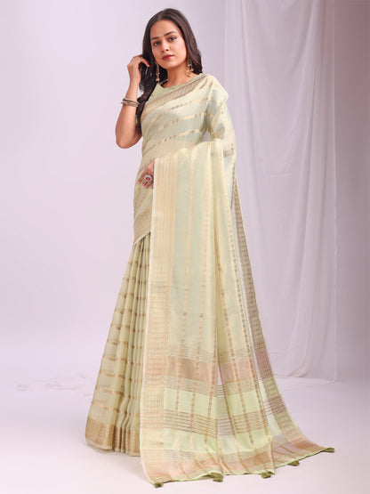 Astita  Light Green Organza Saree with Subtle Zari Weave | Lightweight Festive Saree for Women | Elegant Traditional Look | Golden Border & Pallu | Perfect for Weddings, Puja & Gifting